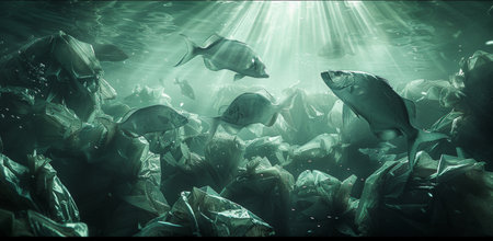 Sunlit Underwater Scene with Fish Swimming Amidst Plastic Waste.の素材