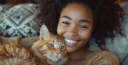 Young woman shares a close and affectionate moment with her ginger cat.の素材