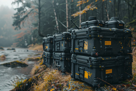 Rugged Equipment Cases by a Misty River.の素材