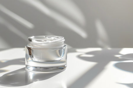 Face cream container is elegantly showcased against white background.の素材