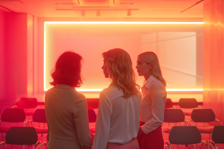 Three professional women stand together in a meeting room bathed in red light emanating confidence and solidarity.の素材