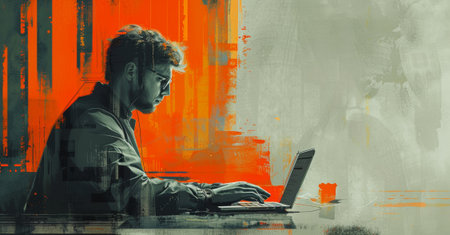 Mam immersed in his work with an abstract orange digital overlay.の素材