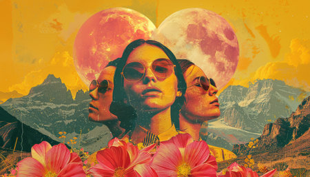 Surreal collage retro depicts a woman in sunglasses with a dual moon backdrop.の素材