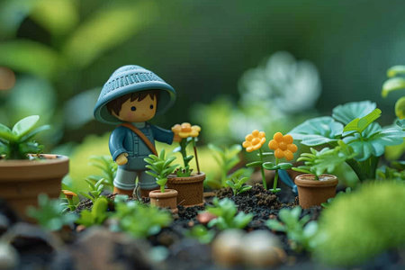 Miniature Figure Gardening: Planting Vibrant Yellow Flowers in Lush Greenery.の素材