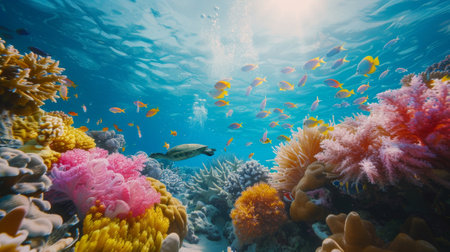 Vibrant underwater coral reef scene bustling with colorful marine life and streaming sunlight beams.の素材
