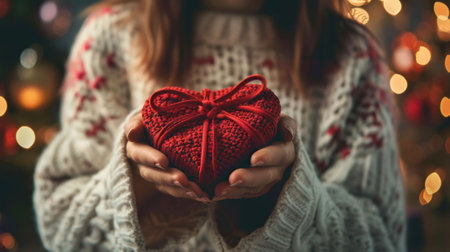 Festive Hands Gently Holding a Knitted Heart-Shaped Gift with a Warm Sweater and Bokeh Lights.の素材