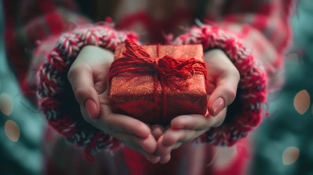 Festive Celebration: Hands Gently Holding a Sparkling Red Gift Box.の素材
