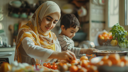 Mother and Child Bonding Over Traditional Cooking in a Warm, Sunlit Kitchen Setting.の素材