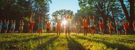 Group of people doing yoga outdoors at sunrise, wellness and health in a serene park environment.の素材