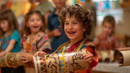 Young Boy Smiling with Traditional Scrolls Celebrating Shavuot Festival.の素材