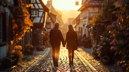 Elderly couple walking hand in hand down a cobblestone street at sunset, surrounded by charming houses.の素材
