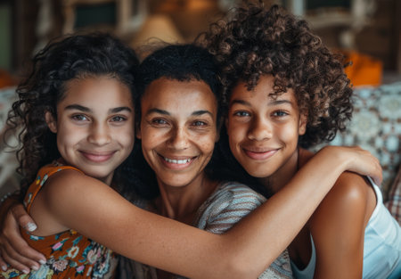 Mother smiling and embracing her two daughters indoors, all with curly hair and beaming with happiness.の素材