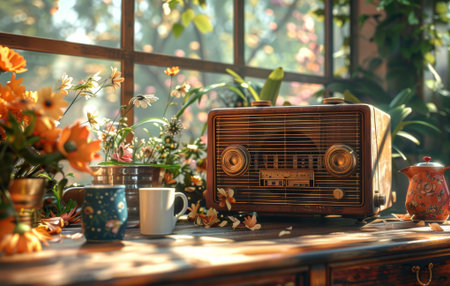 Vintage radio on a wooden table with flowers and mugs, in a sunlit room filled with greenery.の素材
