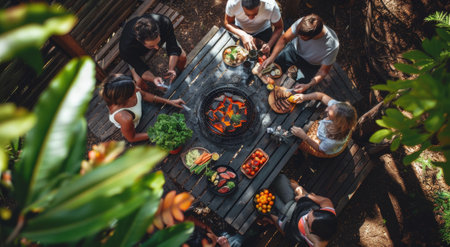 Aerial view of friends gathered around a table for a garden barbecue, enjoying grilled food and fresh vegetables in a lush outdoor setting.の素材