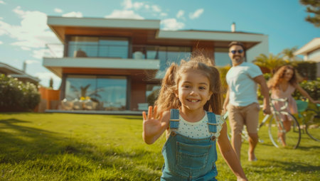 Little girl with pigtails running on a green lawn, with her parents in the background near a modern house on a sunny day.の素材