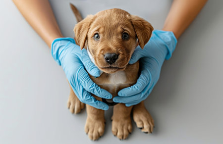 Curious golden retriever puppy being held in caring hands for a veterinary check-up, looking up.の素材
