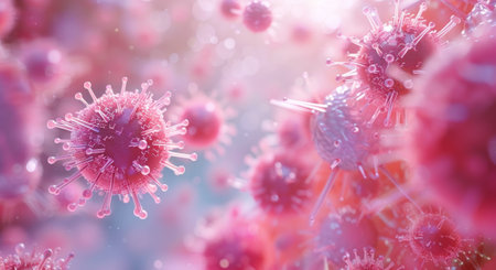 Stylized 3D illustration of pink virus particles with intricate details and soft-focus background, highlighting a microscopic view.の素材