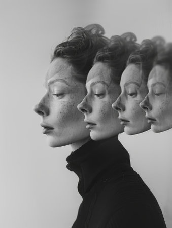 Multiple exposure portrait of a woman with repeated facial profiles, creating a layered and surreal visual effect in black and white, highlighting themes of repetition and identity.の素材
