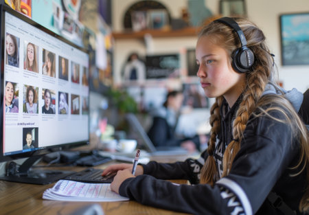 Teenage girl with braided hair wearing headphones, studying at a computer and taking notes in a colorful room.の素材