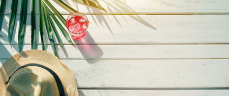 Refreshing Pink Beverage and Straw Hat on Wooden Table with Palm Leaves in Bright Summer Sunlight Copy space.の素材