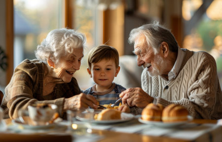 Endearing Photo of Grandparents Sharing a Meal with Their Young Grandson in a Cozy Indoor Setting.の素材