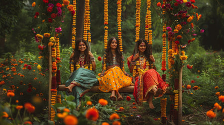 Joyful Women Enjoying Teej Festival on a Floral Swing with Colorful Traditional Attire and Festive Decorations.の素材