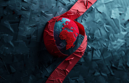 3D Illustration of a Red Ribbon Wrapped Around a Globe Highlighting Global Awareness for Health Causes.の素材