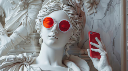 White marble sculpture of a reclining figure with red sunglasses and a smartphone against an ornate background.の素材