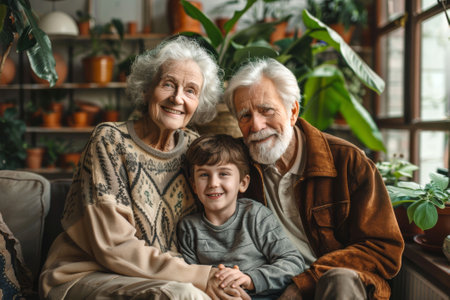 Elderly couple with grandson seated indoors, smiling warmly in a room with potted plants, wearing cozy sweaters.の素材