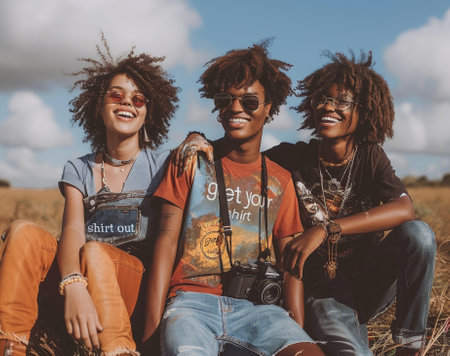 Three Young Friends Enjoying a Sunny Day Outdoors, Smiling and Wearing Casual Fashionable Clothes.の素材