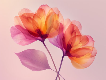 Delicate and vibrant pink and orange flowers with translucent petals on a soft pastel background, showcasing the beauty of nature in an abstract.の素材