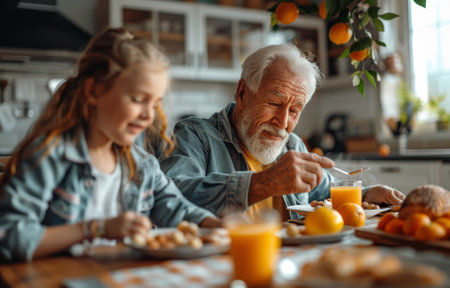 Heartwarming Photo of Grandfather and Granddaughter Enjoying Breakfast Together in a Bright Kitchen.の素材