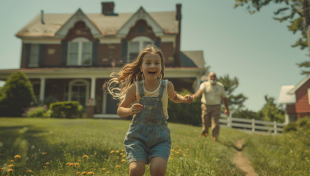 Young girl running on a green lawn with her parents in the background, enjoying a sunny day in front of their house.の素材