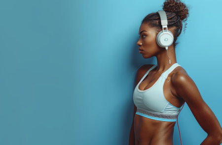 Athletic Woman in Sporty Outfit with Headphones on Blue Background, Side Profile View Focused on Fitness and Music Copy space.の素材
