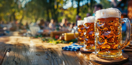 Beer steins on a wooden table in a sunny outdoor beer garden, surrounded by people enjoying the festive atmosphere.の素材