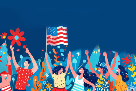 Festive Independence Day Celebration with American Flag, Stars, and Hands Raised in Patriotic Joy.の素材