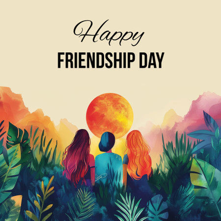 Colorful illustration of three friends sitting together and watching a sunset, celebrating Friendship Day surrounded by lush foliage and vibrant hues.の素材