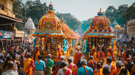 Vivid and Crowded Procession of Richly Decorated Temple Chariots Amid Devotees in Colorful Attire at a Hindu Festival.の素材