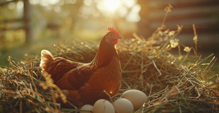 A contented hen sits amidst straw with her freshly laid eggs in a cozy nest, illuminated by soft evening sunlight on a tranquil farm.の素材