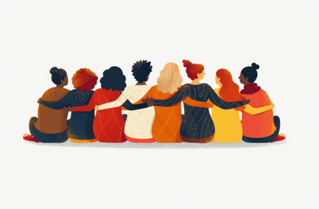 Illustration of diverse group of women sitting together with their arms around each other, symbolizing unity, friendship, and support in a colorful and minimalistic style.の素材