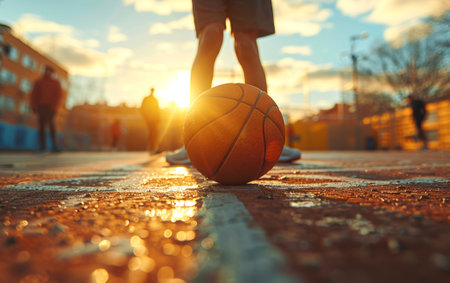 Street Basketball Scene with Ball on Court and Players Silhouetted Against the Setting Sun, Highlighting Sport and Friendship.の素材