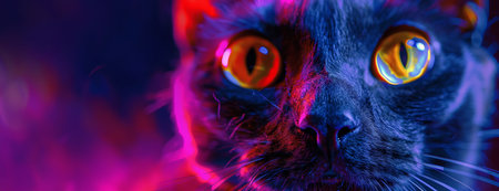 Close-Up Portrait of a Black Cat with Reflective Eyes in Vibrant Neon Lights.の素材