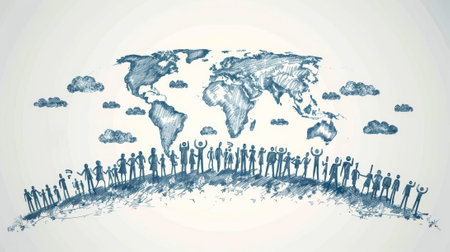 Illustration of diverse people under a sketched world map, celebrating global unity and cultural diversity.の素材