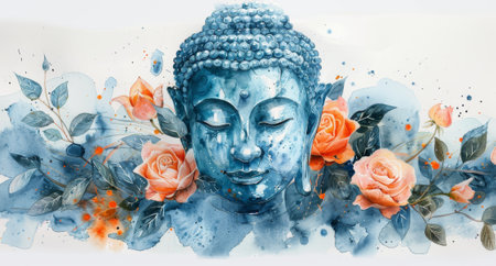 Exquisite Watercolor Illustrations of Buddha with Blooming Lotus Flowers and Serene Background.の素材