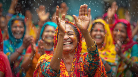 Vibrant Celebration of Teej Festival with Joyful Indian Women Dancing and Clapping in Traditional Colorful Attire in the Rain.の素材
