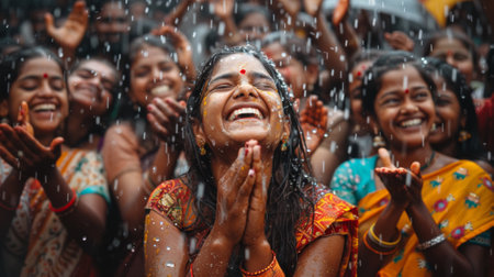Young Indian woman enjoying the rain with hands clasped in prayer, surrounded by a joyful crowd in traditional attire.の素材