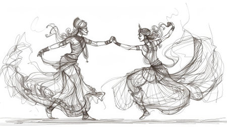 Dynamic line art of two dancers in traditional attire, holding hands and performing a cultural dance, emphasizing movement and grace.の素材