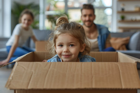 Happy toddler playing in a cardboard box at home with parents in the background.の素材
