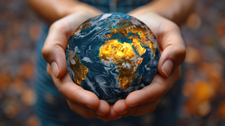 Hands holding a glowing Earth model, symbolizing global connection and care for the planeの素材