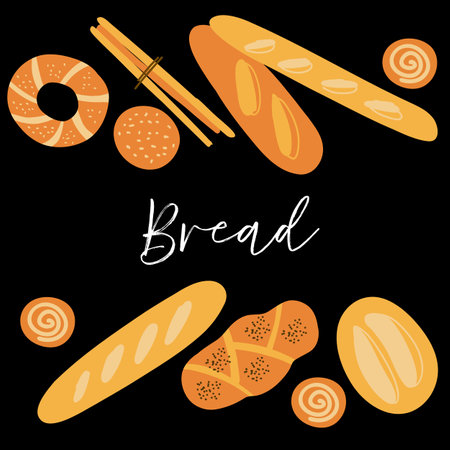 Illustration of assorted bread types including baguettes, breadsticks, and buns arranged on a black background, highlighting a variety of bakery items and texturesのイラスト素材